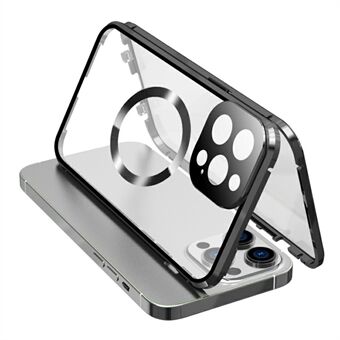 Magnetisk metallram + dubbelsidigt härdat glasfodral för iPhone 15 Pro Max Kompatibel med MagSafe telefonfodral med spännlås