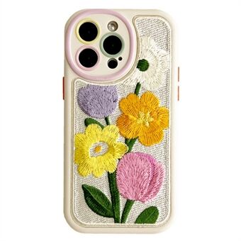 För iPhone 15 Pro Max Telefonfodral Blommönster Broderad Silikonöverdrag