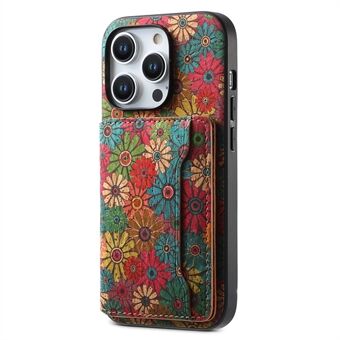 För iPhone 15 Pro Max bakfodral med kortfack, stöd och PU+TPU+PC material med blommigt mönster telefonfodral.