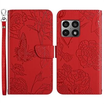 För OnePlus 10 Pro Butterfly Flowers Imprinting PU-läderplånbokstelefonfodral Stand läderfodral Tillbehör med praktisk rem