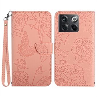 För OnePlus 10T 5G / ACE Pro 5G Skin Touch PU Läder Handväska Plånboksfodral Butterfly Flowers Imprinting Stand Magnetiskt fodral med praktisk rem