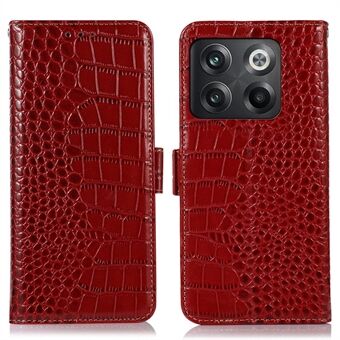 För OnePlus 10T 5G / ACE Pro 5G Anti-fall Crocodile Texture Fodral RFID-blockerande äkta kohudsläder Välskyddat plånboksfodral