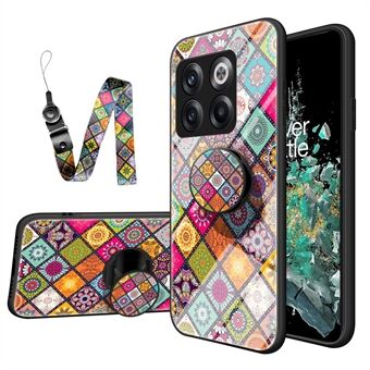 För OnePlus 10T 5G / ACE Pro 5G Blommönster Härdat glas + Hård PC + Mjuk TPU Hybrid Cover Kickstand Telefonfodral med snodd