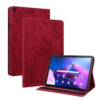 För Lenovo Tab M10 Plus (Gen 3) fjärilsblomster präglat kortplats PU-läderfodral med ställ och elastiskt band.