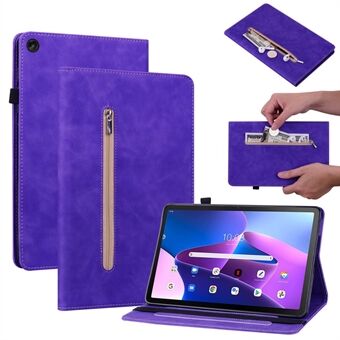 Dragkedja ficka i PU-läder för Lenovo Tab M10 (Gen 3), enfärgad elastiskt band surfplatteskydd med ställning.