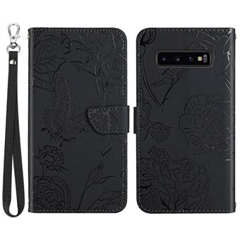 For Samsung Galaxy S10 4G Skin-touch Feeling Butterfly Flower Imprinted Flip Wallet Case PU Leather Magnetic Closure Stand Cover with Hand Strap