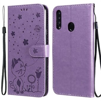 Cat and Bee Pattern Stand Läder plånboksställ Telefonfodral med rem för Samsung Galaxy A20s