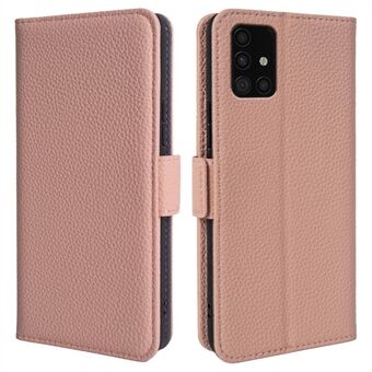 Flip Stand Shell för Samsung Galaxy A51 4G SM-A515 Äkta kohudsläder+TPU Litchi Texture plånboksfodral