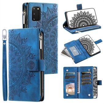 För Samsung Galaxy S20 4G / S20 5G Stötsäkert fodral Mandala Flower Imprinted PU-läderfodral Magnetlås Multi Card Slot Skyddsfodral med blixtlåsförsedd plånbok/rem