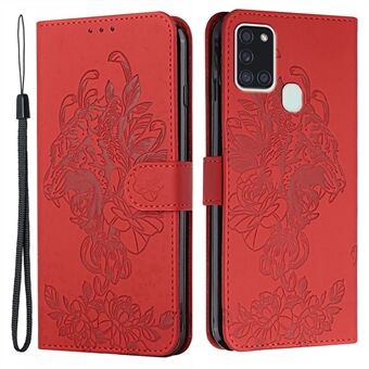 Stand Design Tiger Head Pattern Imprinting Läder plånboksfodral för Samsung Galaxy A21s