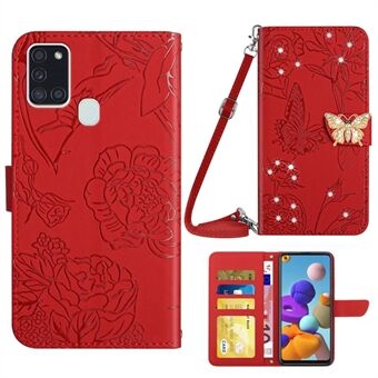 Skin-touch läderfodral för Samsung Galaxy A21s, fjärilsblommor präglade plånboksställ Rhinestone Stand Telefonskal med axelrem