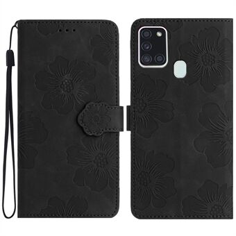 För Samsung Galaxy A21s Blommor Imprint Läder plånboksfodral Vikbart Stand Telefonfodral