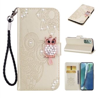 Rhinestone Decor Imprint Owl Flower Läder Stand Case för Samsung Galaxy Note 20 5G / Galaxy Note 20