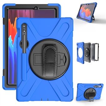 För Samsung Galaxy Tab S7 T870 T875 / S8 360° Vridbar Kickstand PC + Silikonplatta Combo-skal [Inbyggd Handhållarrem]