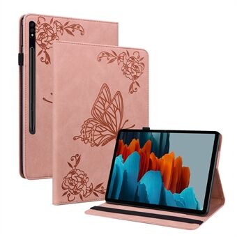 Slittåligt fodral för surfplatta med tryckt fjärilsblomma, stötdämpande PU-läderställ och kortplats för Samsung Galaxy Tab S7 / Tab S8.