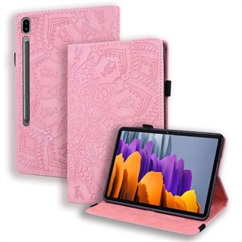 För Samsung Galaxy Tab S9 FE / S9 / S8 / S7 blommönsterpräglande läderfodral med stativ och pennhållareband.