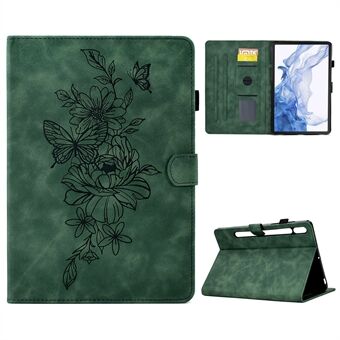 Tabletfodral till Samsung Galaxy Tab S8 X700 X706 / S7 2020 T870 T875, med fjärils- och blommönster präglat på PU-läder och sömmar. Fodralet har även ett kortfack och ställfunktion.