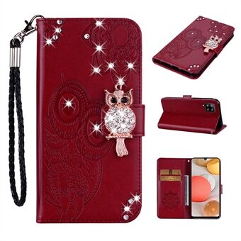 Rhinestone Decoration Imprint Owl Leather Shell Wallet Stand Phone Cover för Samsung Galaxy A42 5G