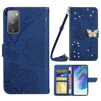 För Samsung Galaxy S20 FE / S20 FE 5G / S20 FE 2022 / S20 Lite Rhinestone Decor Läderfodral Butterfly Flowers Imprinted Stand Plånboksfodral med axelrem