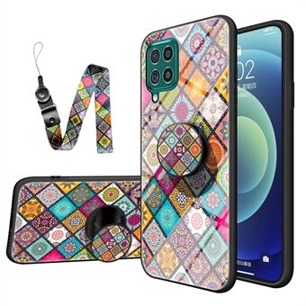 Colorful Flower Print Glass Hybrid ringer fallet Protector med Stand Snodd för Samsung Galaxy A12