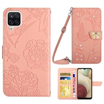 För Samsung Galaxy A12 / M12 / F12 Stand Plånbok Telefonfodral PU Läder Imprinting Butterfly Flowers Rhinestone Dekor Cover med axelrem