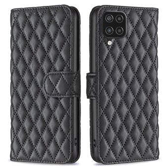 BINFEN FÄRG För Samsung Galaxy A12 4G plånboksfodral, BF Style-14 Drop Resistant Imprinted Rhombus Mönster Stand Matt PU Läderfodral