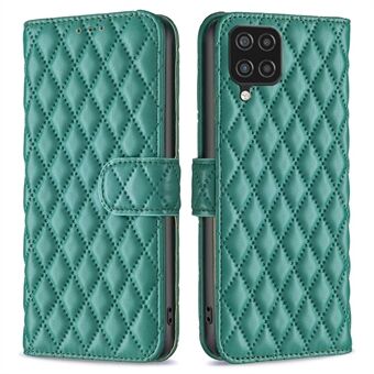 BINFEN FÄRG För Samsung Galaxy A12 4G plånboksfodral, BF Style-14 Drop Resistant Imprinted Rhombus Mönster Stand Matt PU Läderfodral