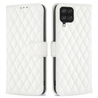 BINFEN FÄRG För Samsung Galaxy A12 4G plånboksfodral, BF Style-14 Drop Resistant Imprinted Rhombus Mönster Stand Matt PU Läderfodral