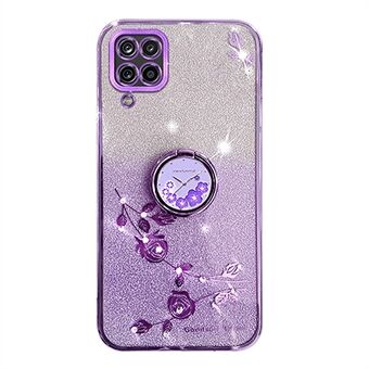 För Samsung Galaxy A12 Gradient Glitter Soft TPU Cover Flower Pattern Telefonfodral med Ring Stativ