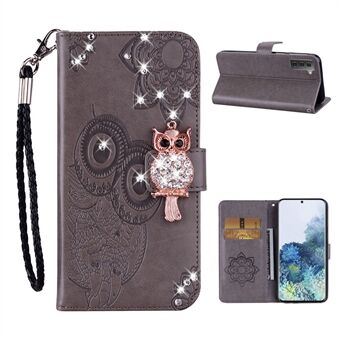 Owl Imprint Rhinestone Decor Läderfodral till Samsung Galaxy S21 5G