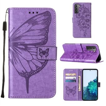 Imprint Butterfly Flower Pattern Plånboksställ Stand till Samsung Galaxy S21 5G