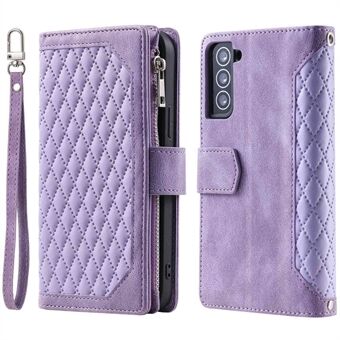 005 Style för Samsung Galaxy S21 4G / 5G Zipper Ficka Rhombus Texture Plånboksfodral PU- Stand Telefonskydd med handledsrem