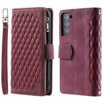 005 Style för Samsung Galaxy S21 4G / 5G Zipper Ficka Rhombus Texture Plånboksfodral PU- Stand Telefonskydd med handledsrem