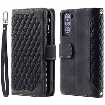 005 Style för Samsung Galaxy S21 4G / 5G Zipper Ficka Rhombus Texture Plånboksfodral PU- Stand Telefonskydd med handledsrem