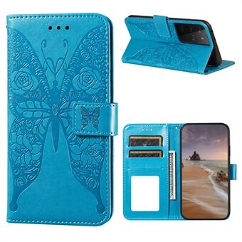 För Samsung Galaxy S21 Ultra 5G rosor fjäril Imprinting Mönster Läder Stand Case