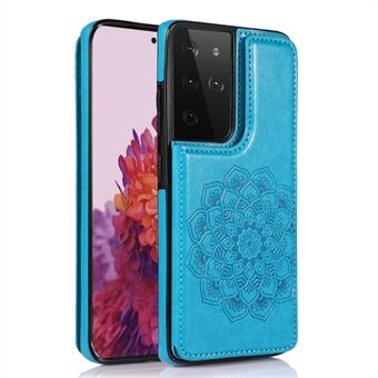 Imprint Mandala Flower Kickstand för Samsung Galaxy S21 Ultra 5G PU Läder + TPU Hybridfodral