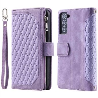 005 Style för Samsung Galaxy S21+ 5G Zipper Ficka Rhombus Texture PU Läderfodral Telefonställ Stand med handledsrem