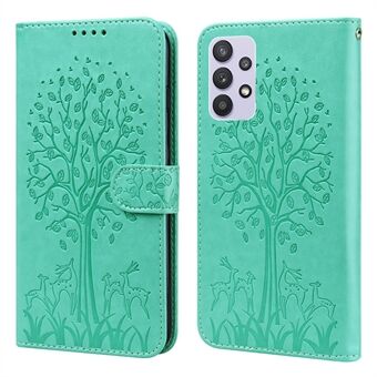 Imprinted Tree Deer Läder Plånboksställ Stand Telefonskal Skal för Samsung Galaxy A32 5G