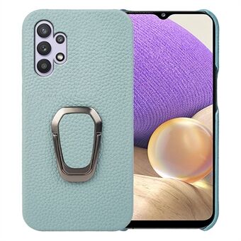 För Samsung Galaxy A32 5G Litchi Texture Baksida i äkta läder + Hård PC Stötsäker telefonfodral Ring Kickstand Anti-Fall Skyddsskydd