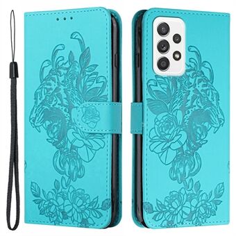 Imprint Tiger Head Flower Stötsäkert Stand Plånboksfodral med rem för Samsung Galaxy A52 4G/5G / A52s 5G