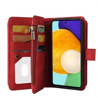 KT Multi-functional Series-2 Multiple Card Slots Handsfree Stand Mobiltelefon Flip Cover för Samsung Galaxy A52s 5G/A52 4G/5G, Skin-touch Feel Läderfodral med blixtlåsficka - Röd