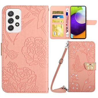 För Samsung Galaxy A52 4G / 5G / A52s 5G Drop-proof PU-läder telefonfodral Butterfly Flowers Stand med rhinestone-dekor Skyddsfodral med axelrem