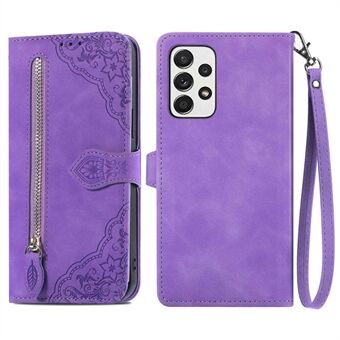 För Samsung Galaxy A52 4G/5G/A52s 5G Zipper Pocket Design Imprinted Läder Telefonfodral Stötsäkert Stand Plånbok Flip Shell med rem