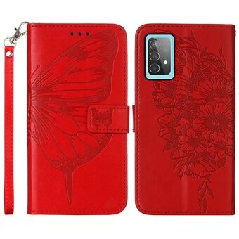 YB Imprinting Series-4 för Samsung Galaxy A52 4G / 5G / A52s 5G Butterfly Flower Imprinted PU- Stand Plånboksfodral med handrem