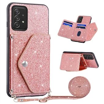 För Samsung Galaxy A52 4G / 5G / A52s 5G-korthållare Kickstand Telefonskydd Glitter Läderbelagt TPU-fodral