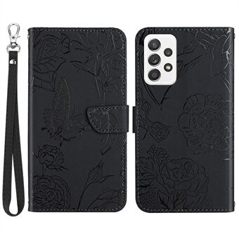 För Samsung Galaxy A32 4G (EU-version) tryckt Butterfly Flower Magnetisk stängningsfodral Plånbok Flip Skin-touch Feeling Stand Cover med rem