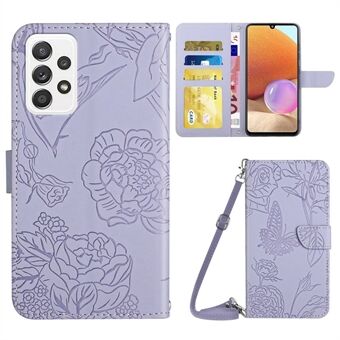 Stand för Samsung Galaxy A32 4G (EU-version), skinn-touch läder Butterfly Flower telefonfodral med axelrem