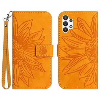 För Samsung Galaxy A32 4G (EU-version) HT04 Skin-Touch PU Läder Full Protection Plånboksfodral Imprinted Sunflower Justerbar Stand Fodral med handrem