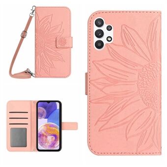 För Samsung Galaxy A32 4G (EU-version) HT04 Skin-touch PU-läderpräglat Stand Plånboksfodral Magnetiskt telefonfodral med axelrem