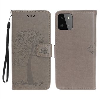 Owl Tree Pattern Imprint Läder Stand för Samsung Galaxy A22 5G (EU-version)